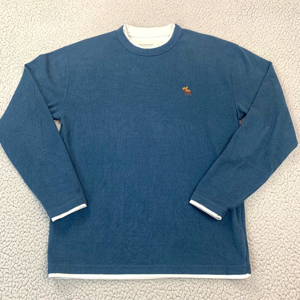 Abercrombie & Fitch Shirt Mens Small Blue Layered Hem Moose Logo Long Sleeve Y2K